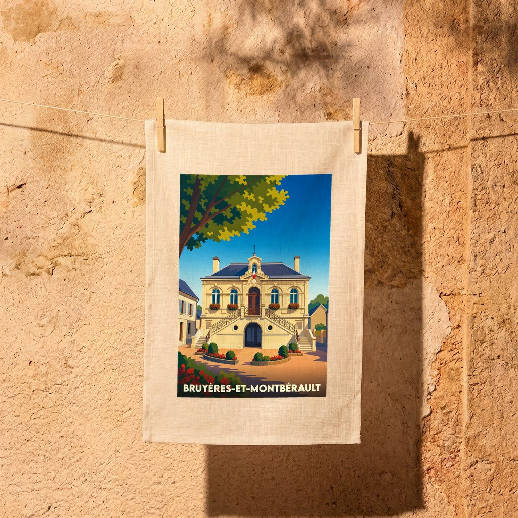 Torchon souvenir de la ville de Bruyères-et-Montbérault avec une illustration stylisée de son hôtel de ville.
