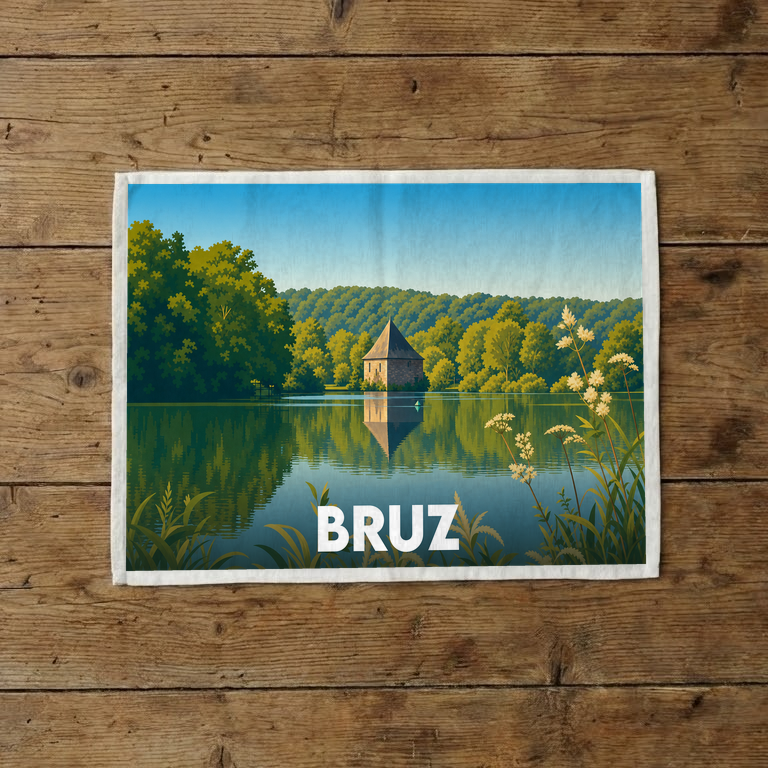Torchon souvenir de la ville de Bruz avec une illustration stylisée d'un manoir au bord de l'eau.