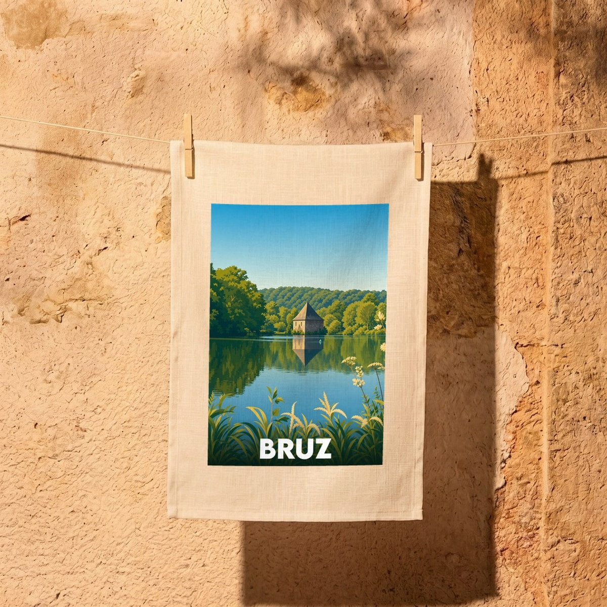 Torchon souvenir de la ville de Bruz avec une illustration stylisée d'un manoir au bord de l'eau.