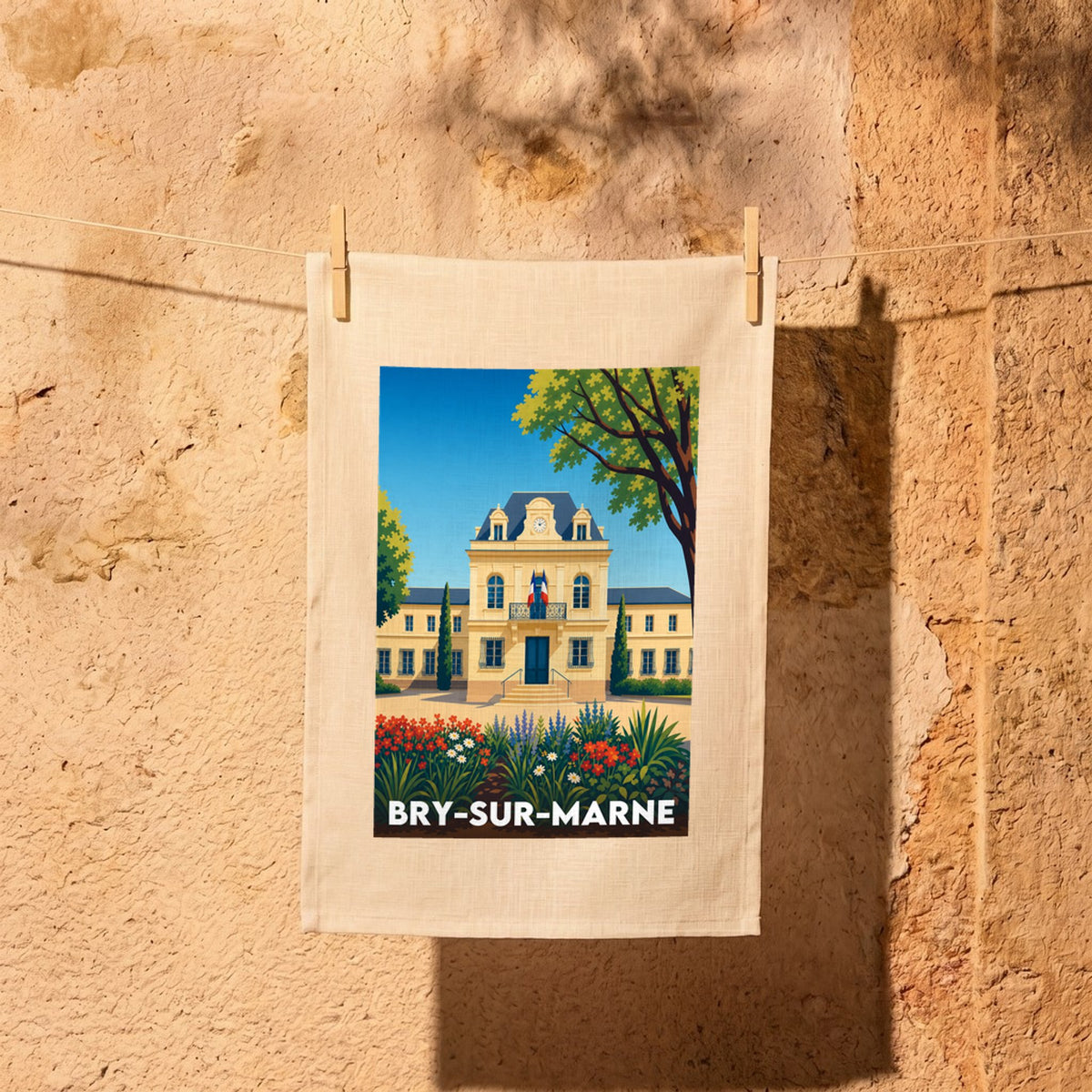 Torchon souvenir de la ville de Bry-sur-Marne avec une illustration stylisée.