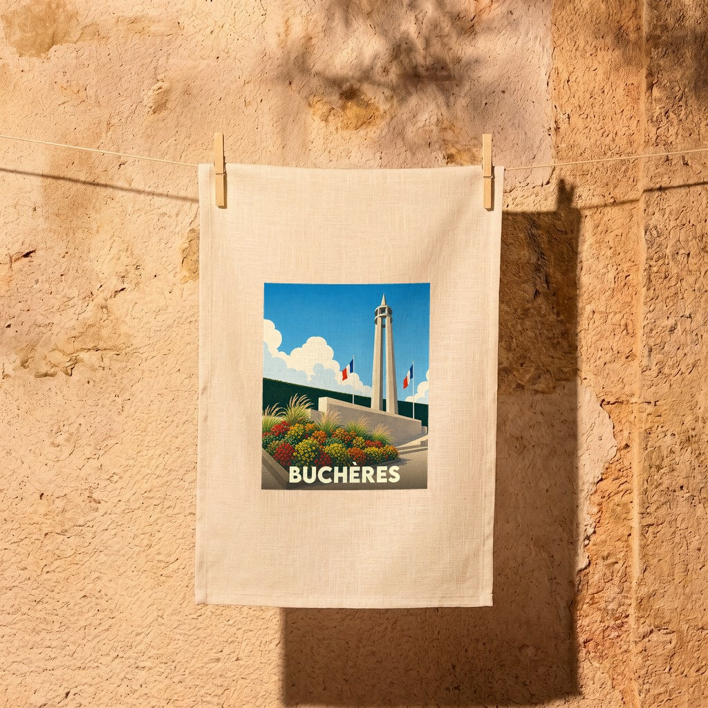 Torchon souvenir de la ville de Buchères avec une illustration stylisée de son monument.