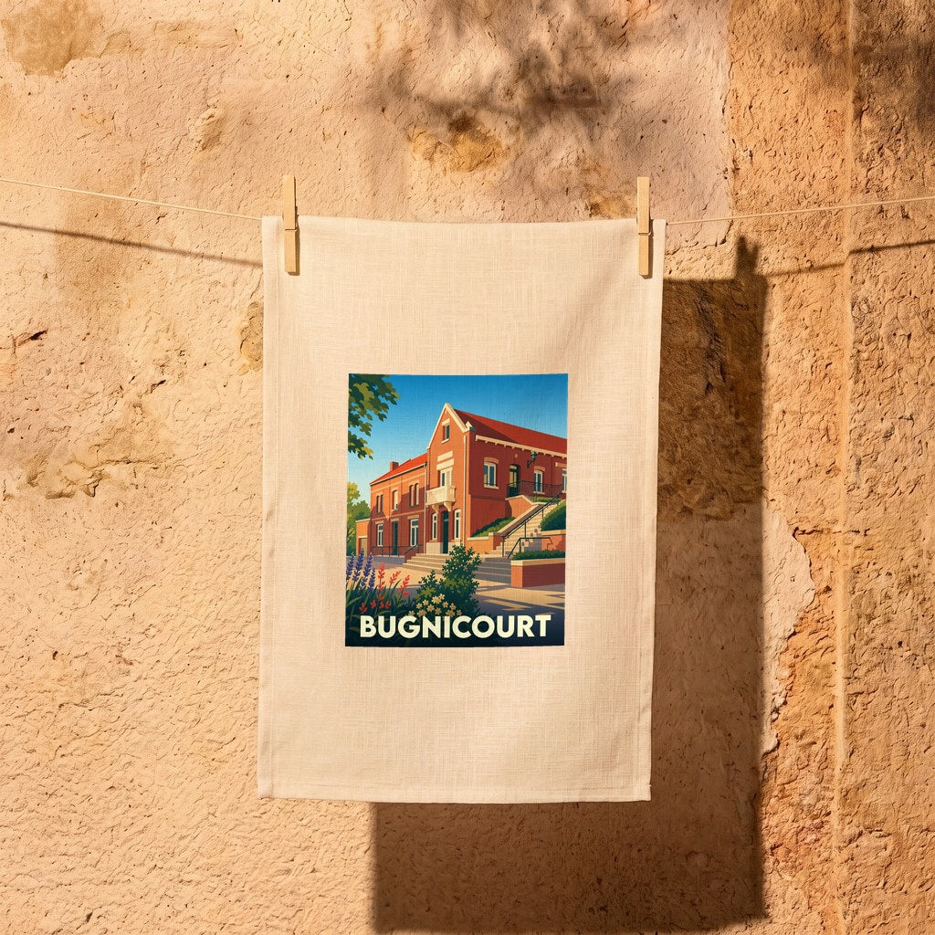 Torchon souvenir de la ville de Bugnicourt avec une illustration stylisée.