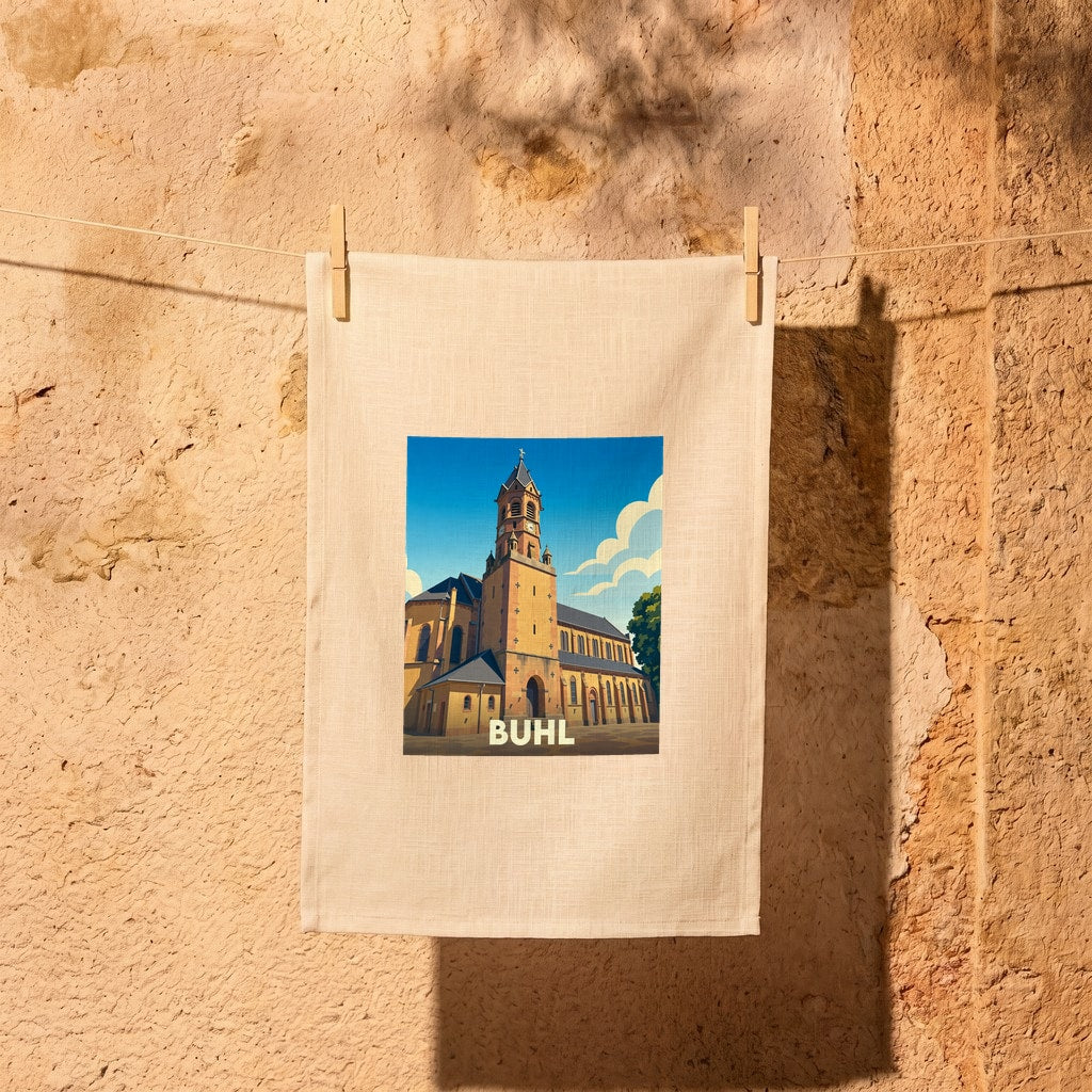 Torchon souvenir de la ville de Buhl avec une illustration stylisée de son église.