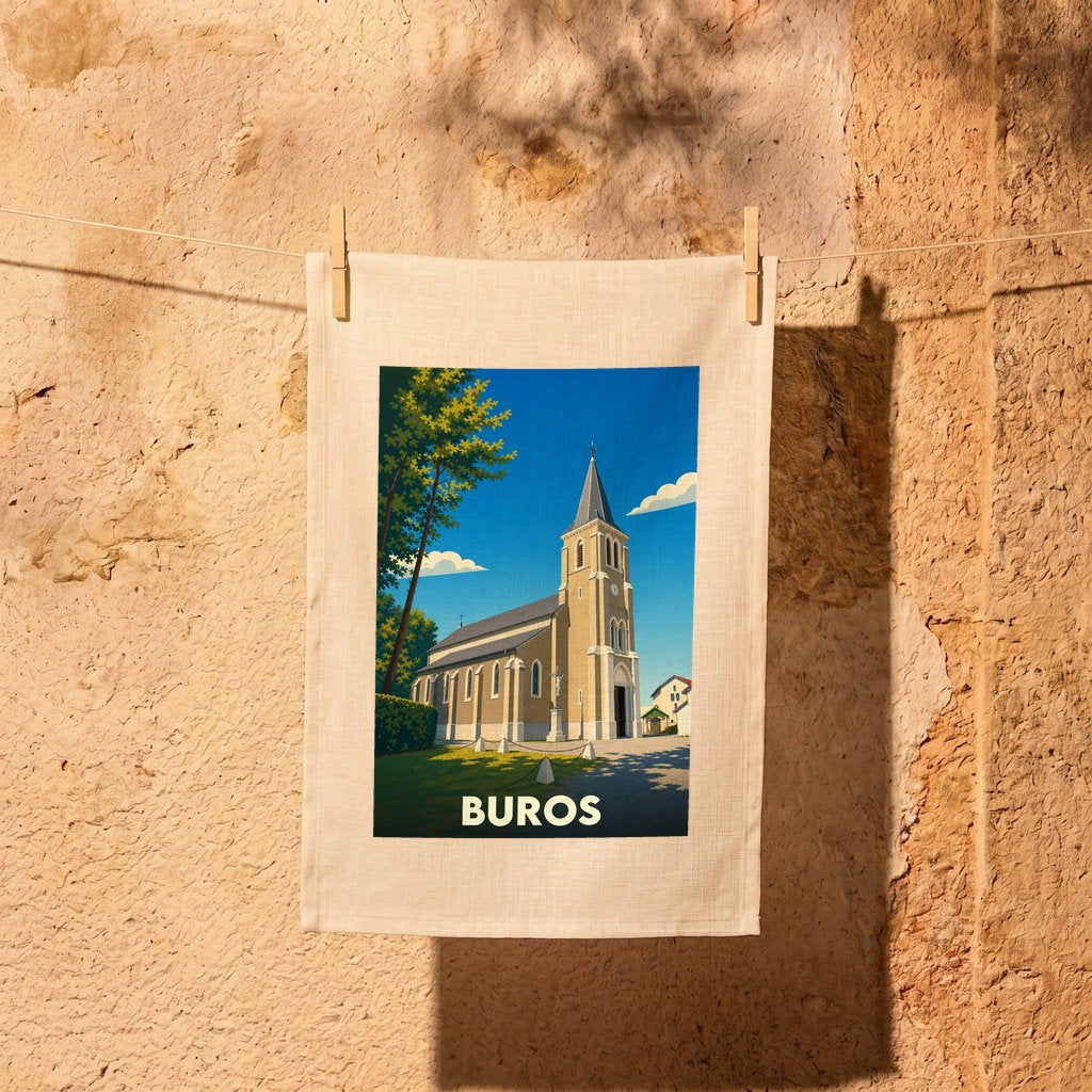 Torchon souvenir de la ville de Buros illustrant son église dans un style graphique épuré.