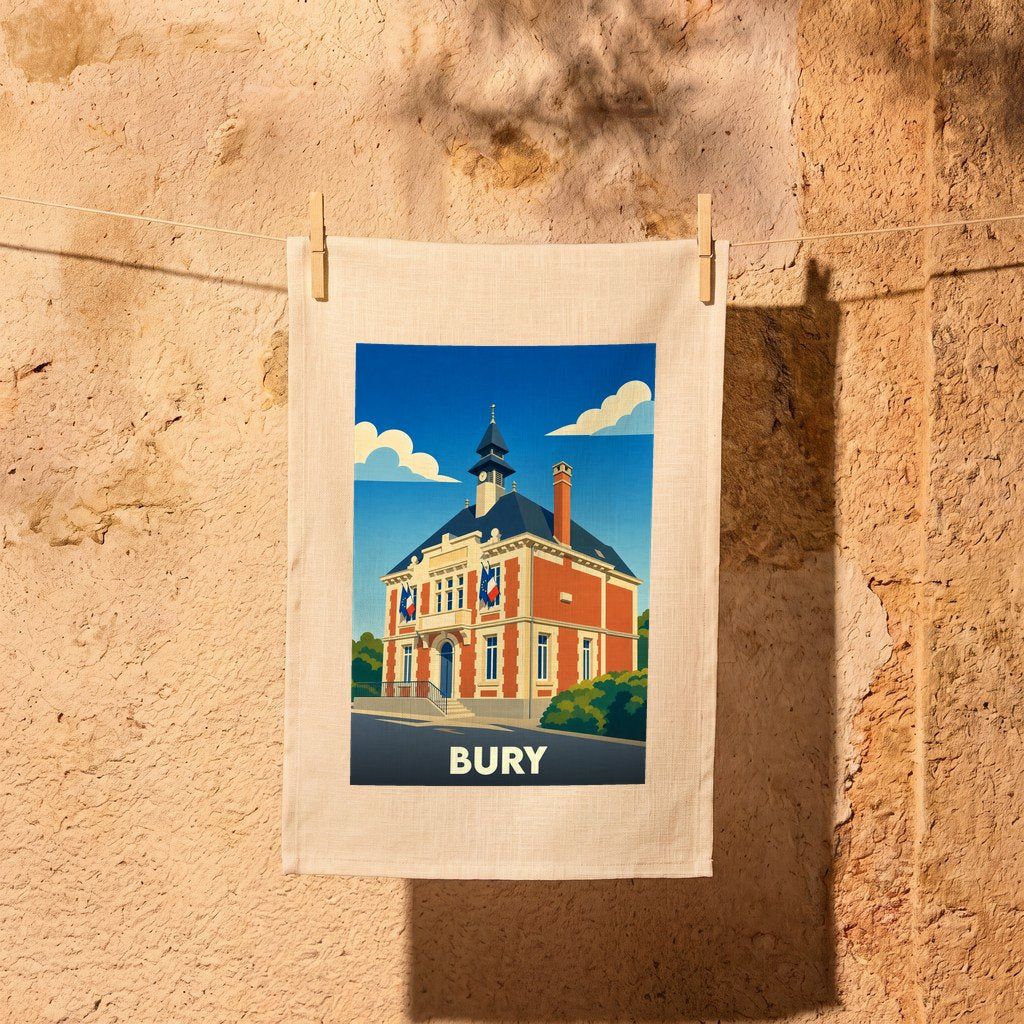 Torchon souvenir de la ville de Bury avec une illustration stylisée de sa mairie.