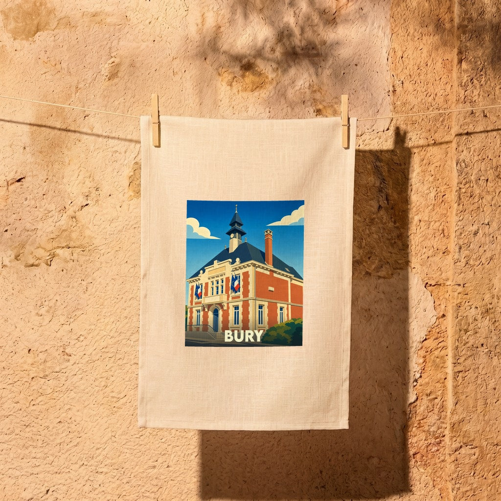 Torchon souvenir de la ville de Bury avec une illustration stylisée de sa mairie.
