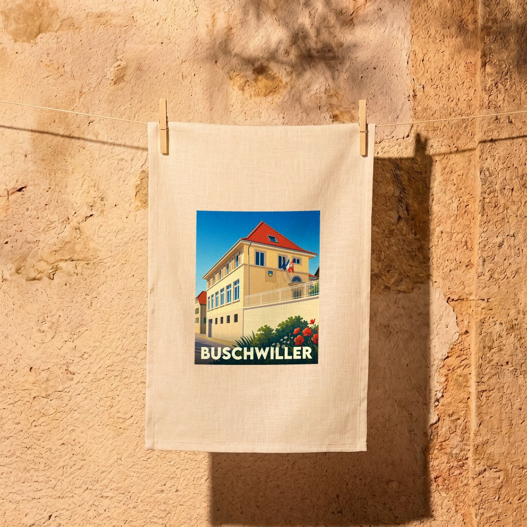 Torchon souvenir de la ville de Buschwiller avec une illustration stylisée d'un bâtiment emblématique.