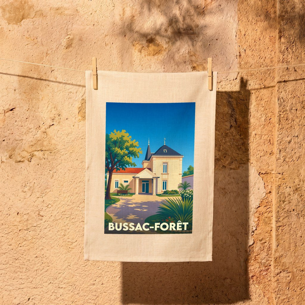 Torchon souvenir de la ville de Bussac-Forêt avec une illustration stylisée de sa mairie.