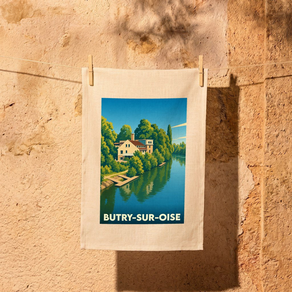 Torchon souvenir de Butry-sur-Oise avec une illustration stylisée d'une maison au bord de l'eau.
