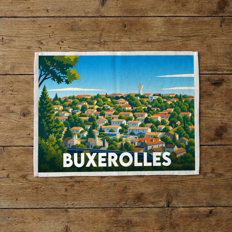 Torchon souvenir de la ville de Buxerolles avec une illustration stylisée.