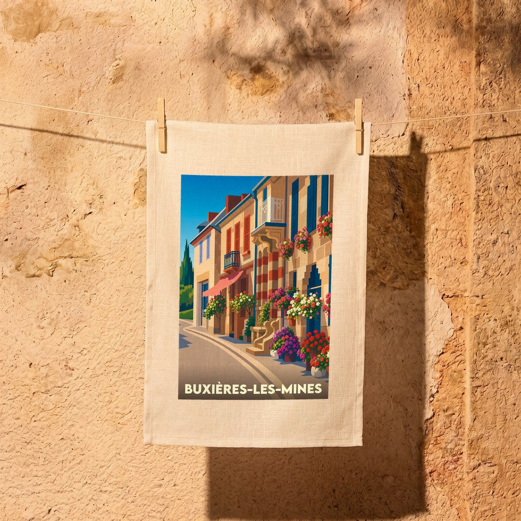 Torchon souvenir de la ville de Buxières-les-Mines avec une illustration colorée et stylisée de ses rues fleuries.