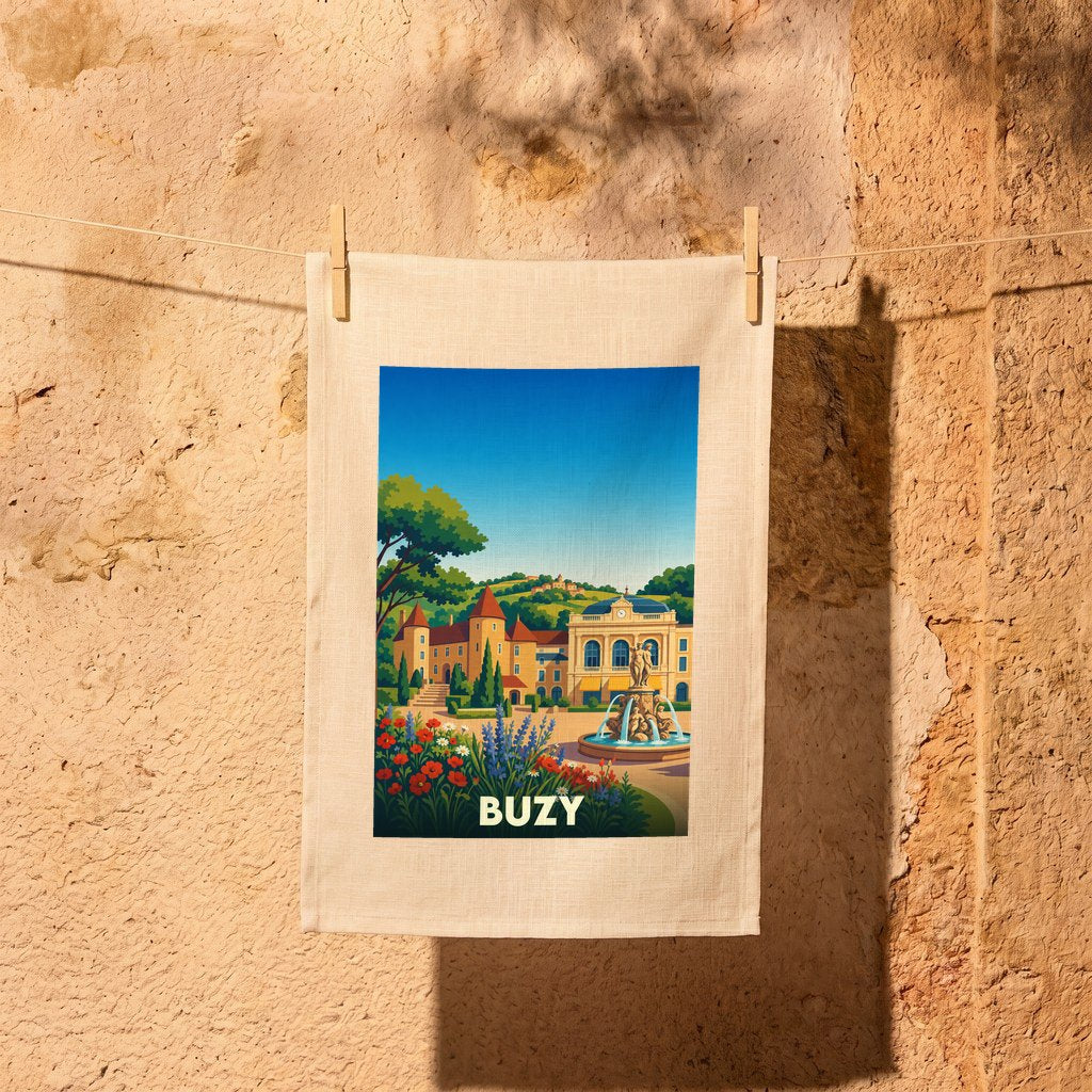 Torchon souvenir de la ville de Buzy illustré d'un paysage stylisé avec château et fontaine.