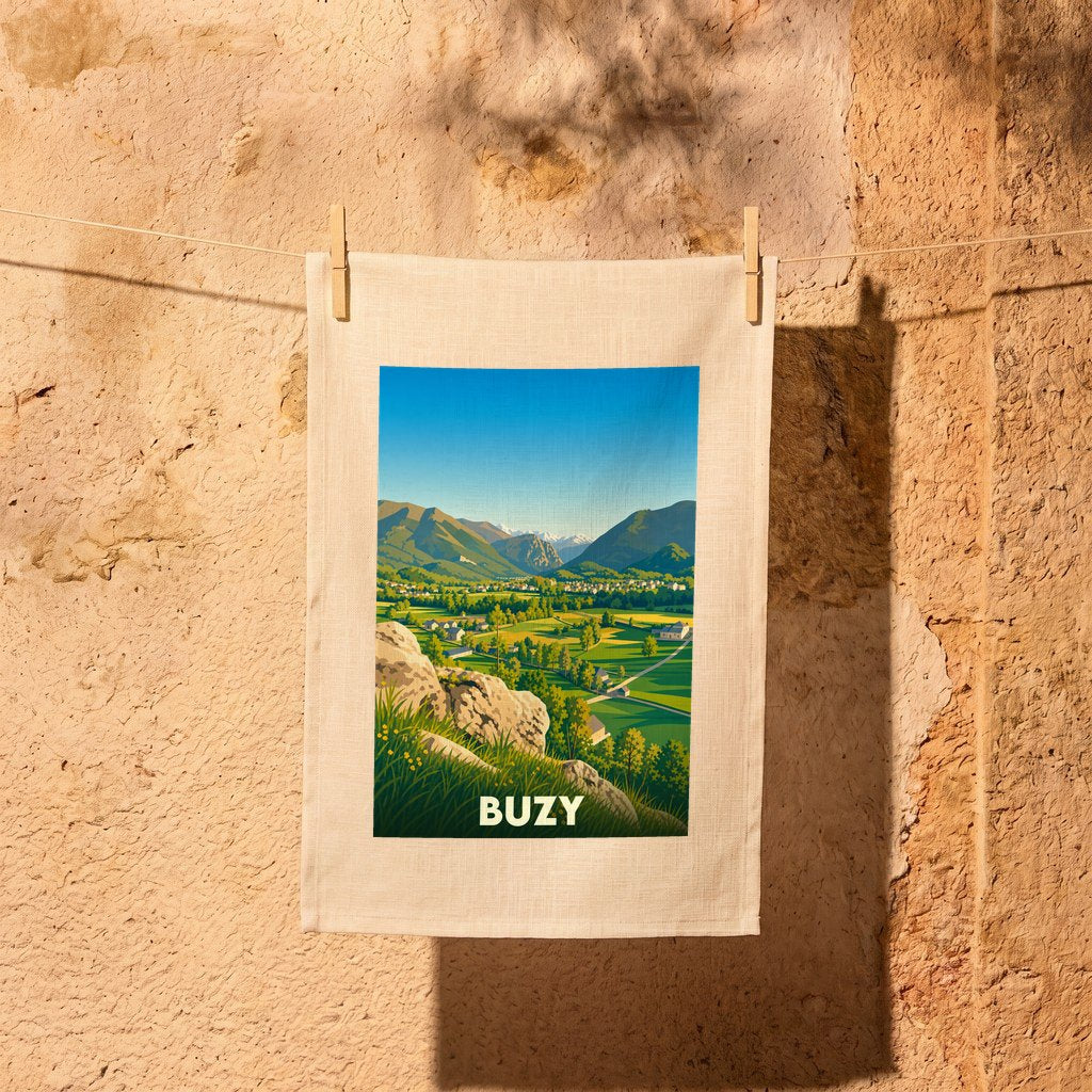 Torchon souvenir de la ville de Buzy avec une illustration paysagère stylisée.
