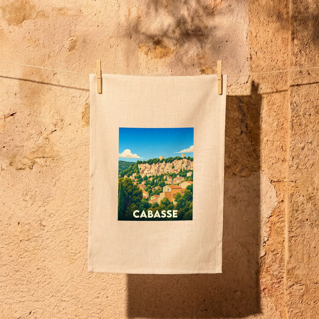 Torchon souvenir de la ville de Cabasse avec une illustration stylisée.