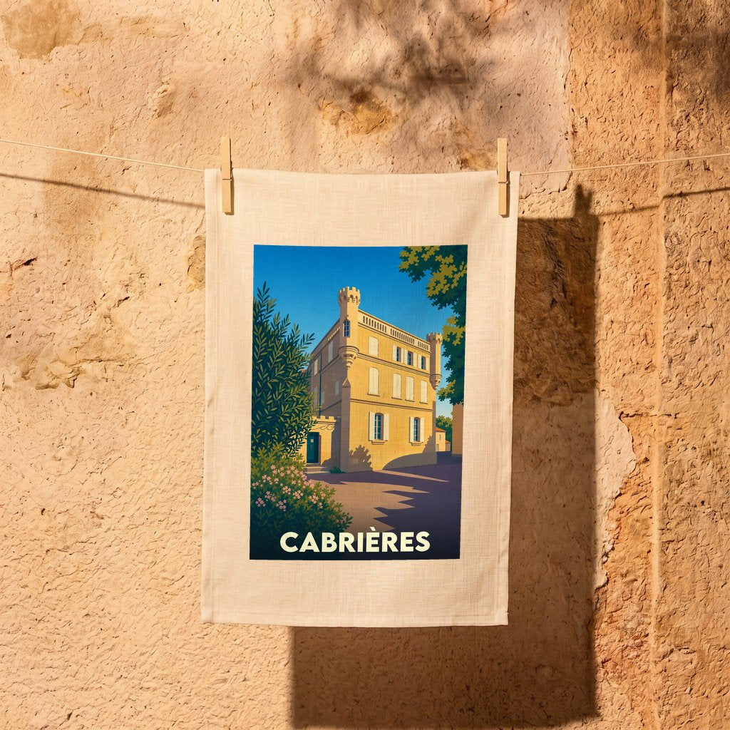 Torchon souvenir de la ville de Cabrières orné d'une illustration stylisée de son architecture provençale.