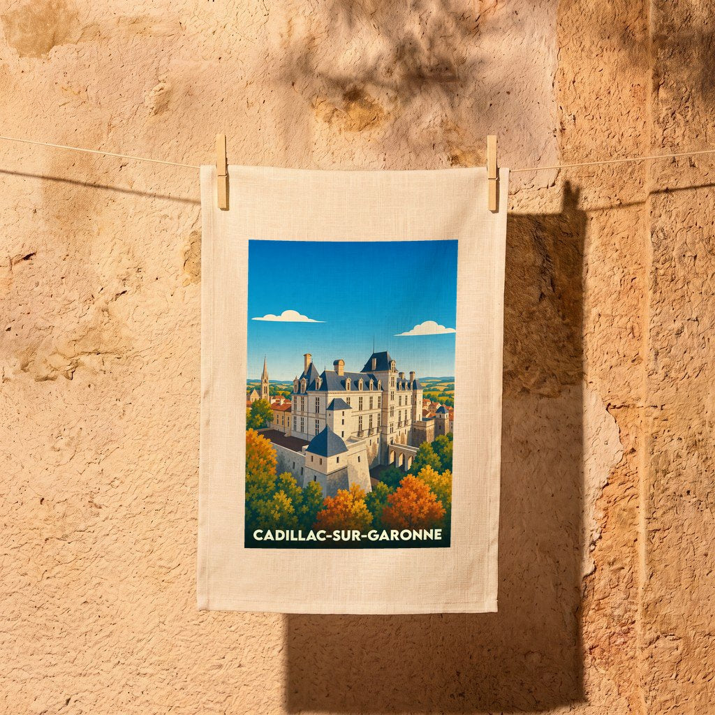 Torchon souvenir de la ville de Cadillac-sur-Garonne avec une illustration stylisée de son château.