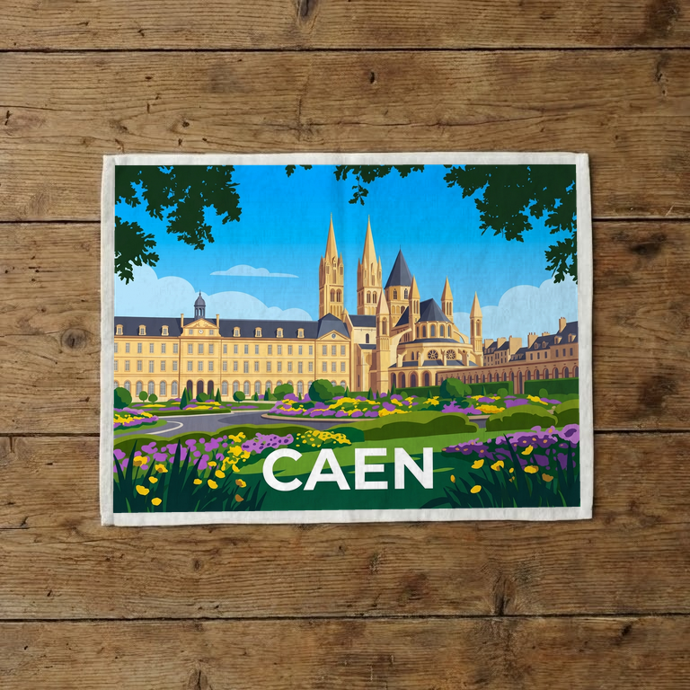 Torchon souvenir de la ville de Caen avec une illustration stylisée de l'Abbaye-aux-Hommes et de ses jardins.
