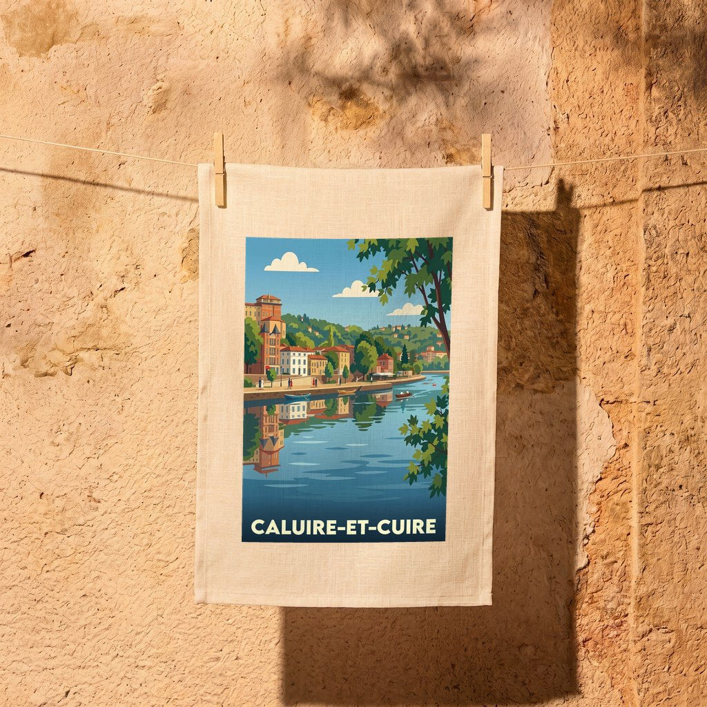 Torchon souvenir de la ville de Caluire-et-Cuire avec une illustration stylisée.
