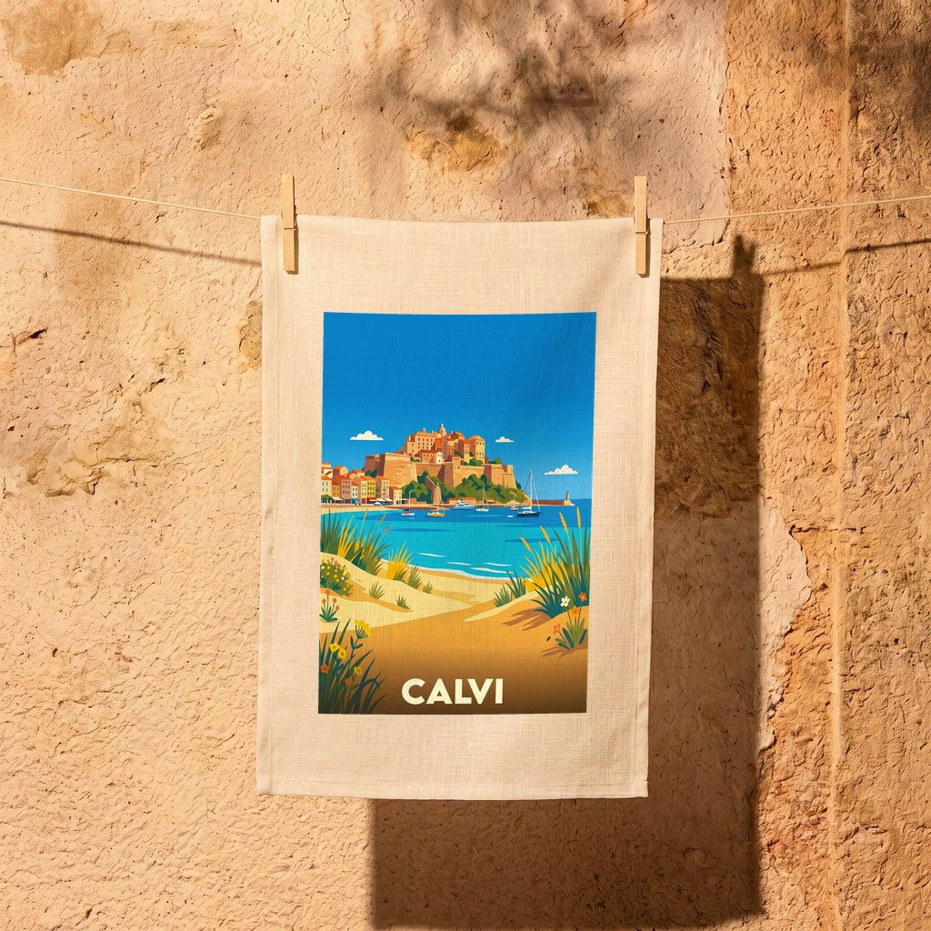 Torchon souvenir de la ville de Calvi avec une illustration stylisée.