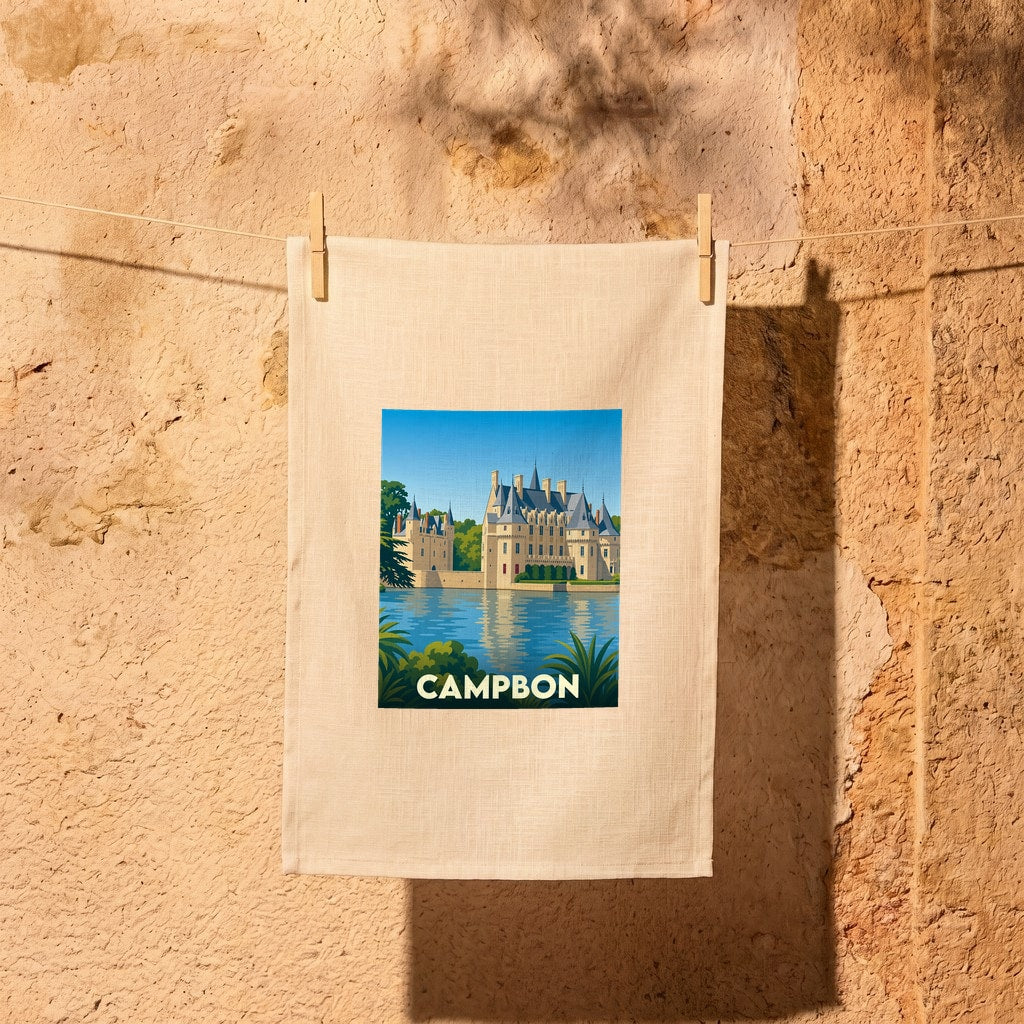 Torchon souvenir de la ville de Campbon avec une illustration stylisée d'un château au bord de l'eau.