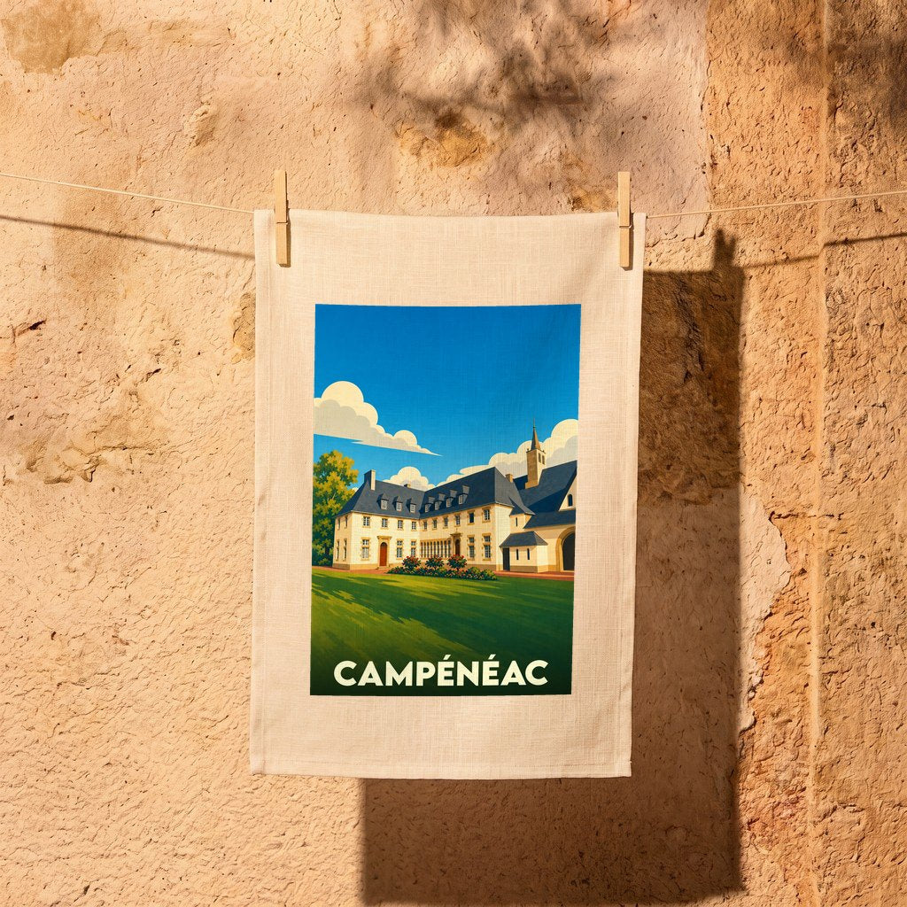Torchon souvenir de la ville de Campénéac illustré d'un manoir sous un ciel bleu.