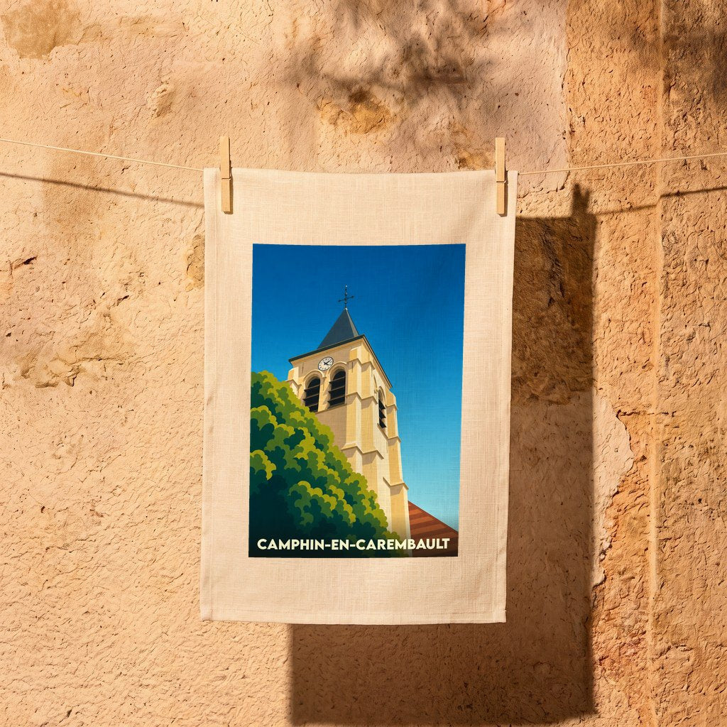 Torchon souvenir de la ville de Camphin-en-Carembault avec une illustration stylisée de son église.