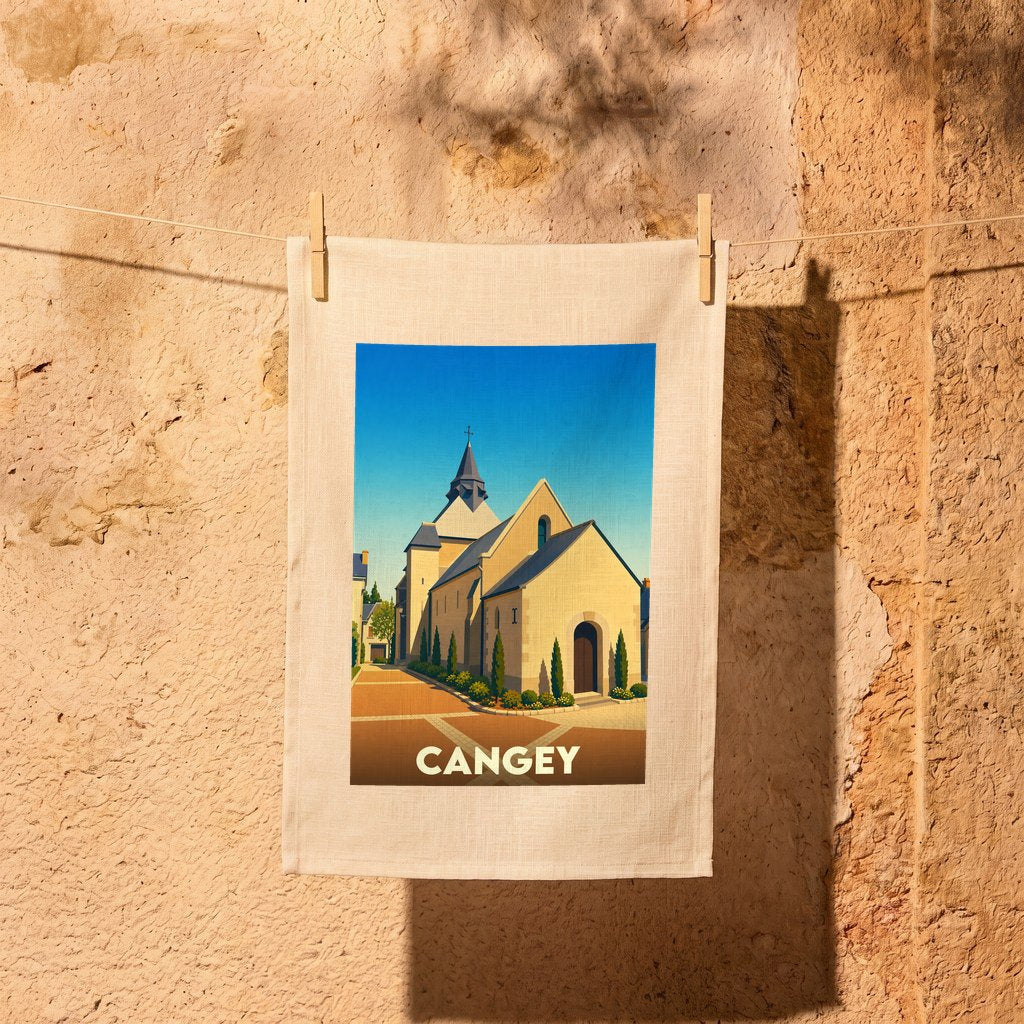 Torchon souvenir de la ville de Cangey avec une illustration stylisée de son église.