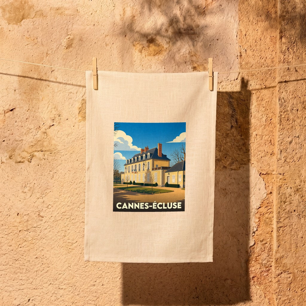 Torchon souvenir de la ville de Cannes-Écluse avec une illustration stylisée d'un manoir.