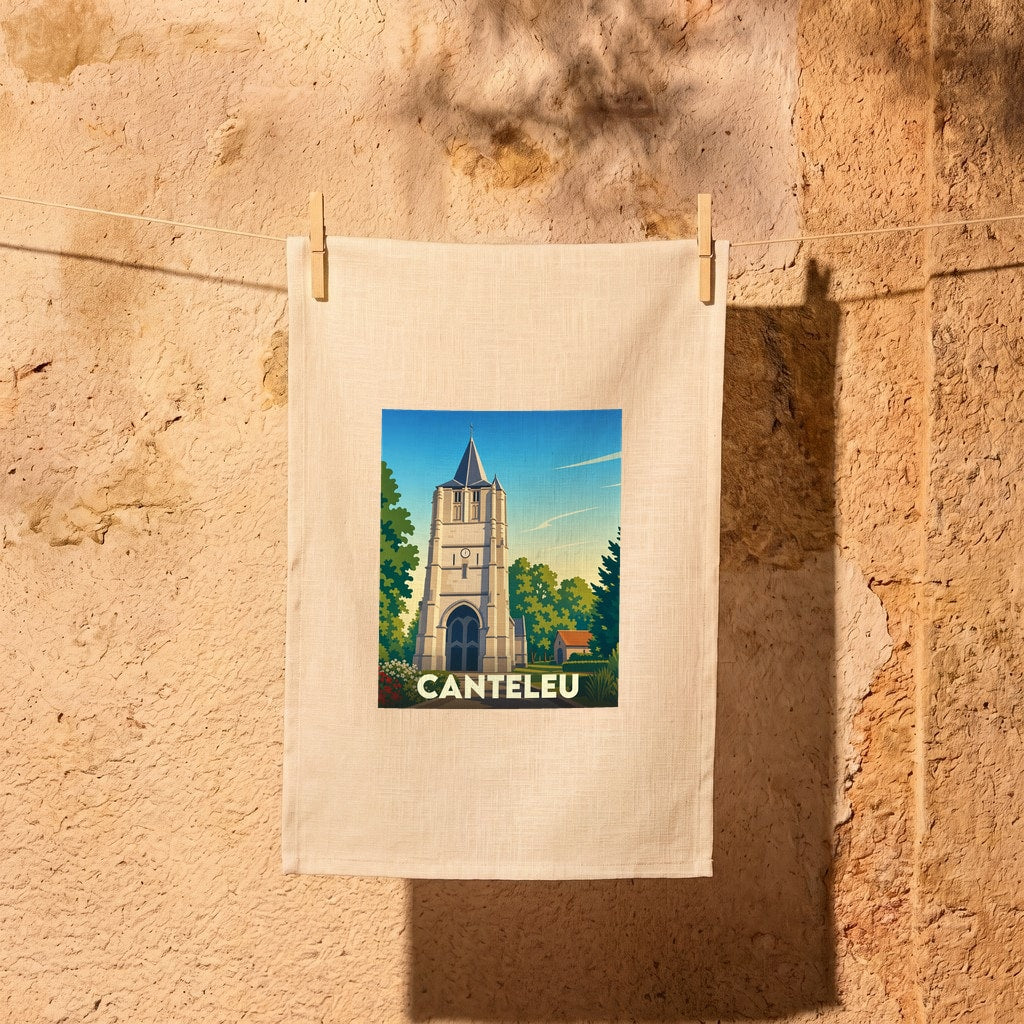 Torchon souvenir de la ville de Canteleu orné d'une illustration stylisée de son église.