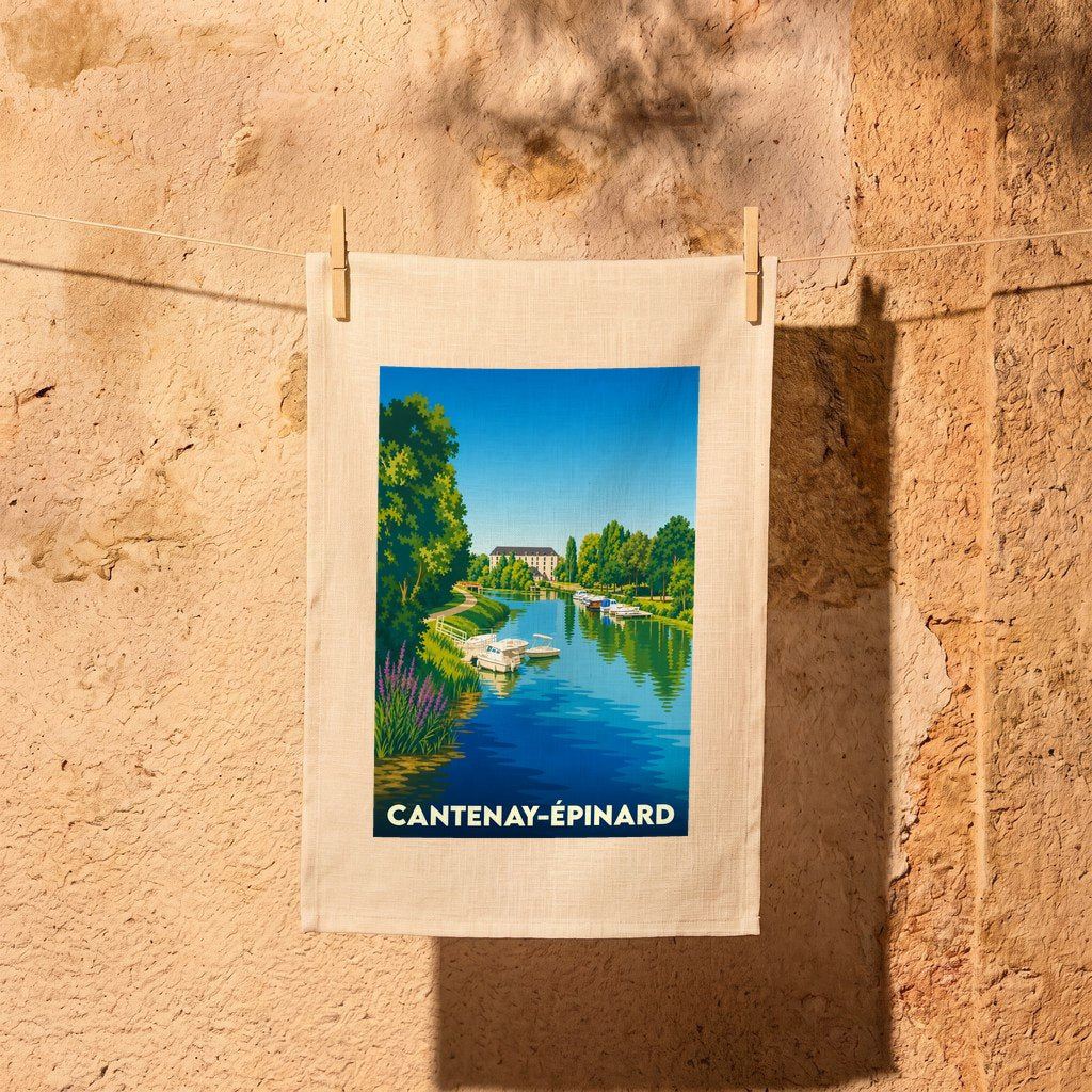 Torchon souvenir de la ville de Cantenay-Épinard avec une illustration stylisée d'un paysage fluvial.