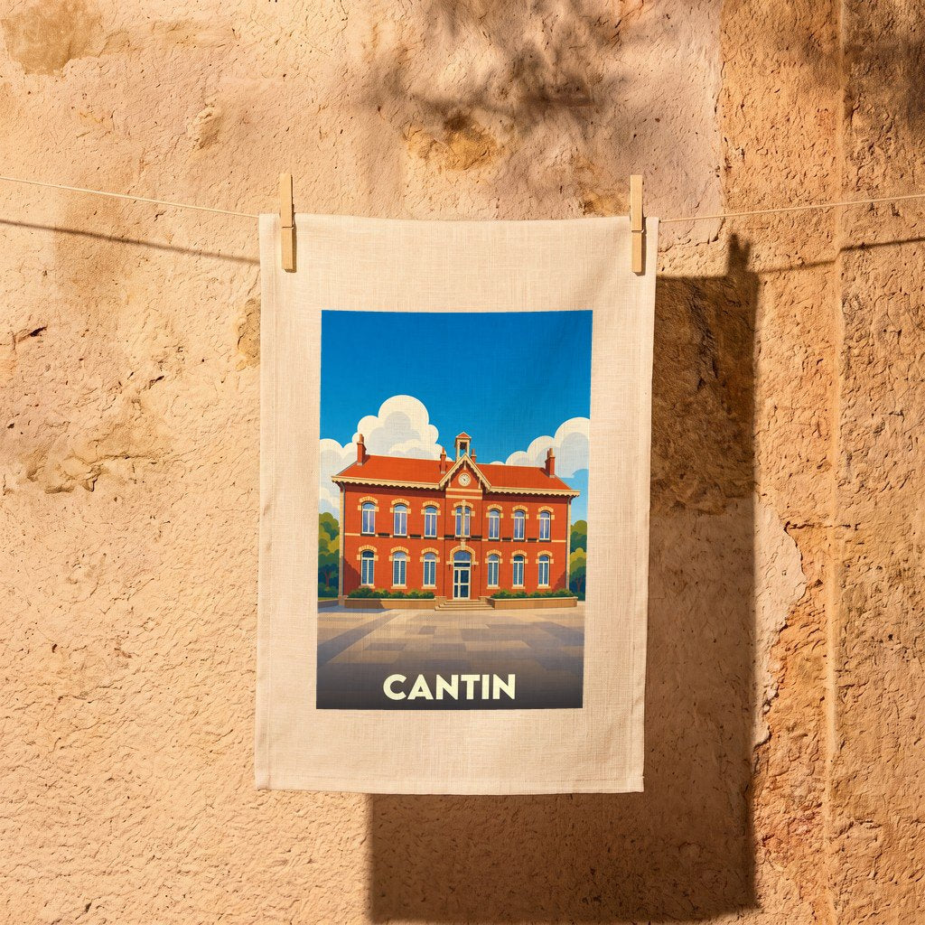Torchon souvenir de la ville de Cantin avec une illustration stylisée de sa mairie.