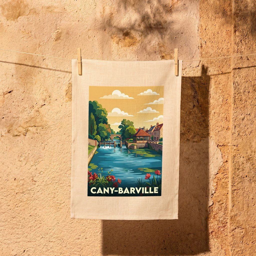Torchon souvenir de la ville de Cany-Barville avec une illustration stylisée d'un paysage au bord de l'eau.