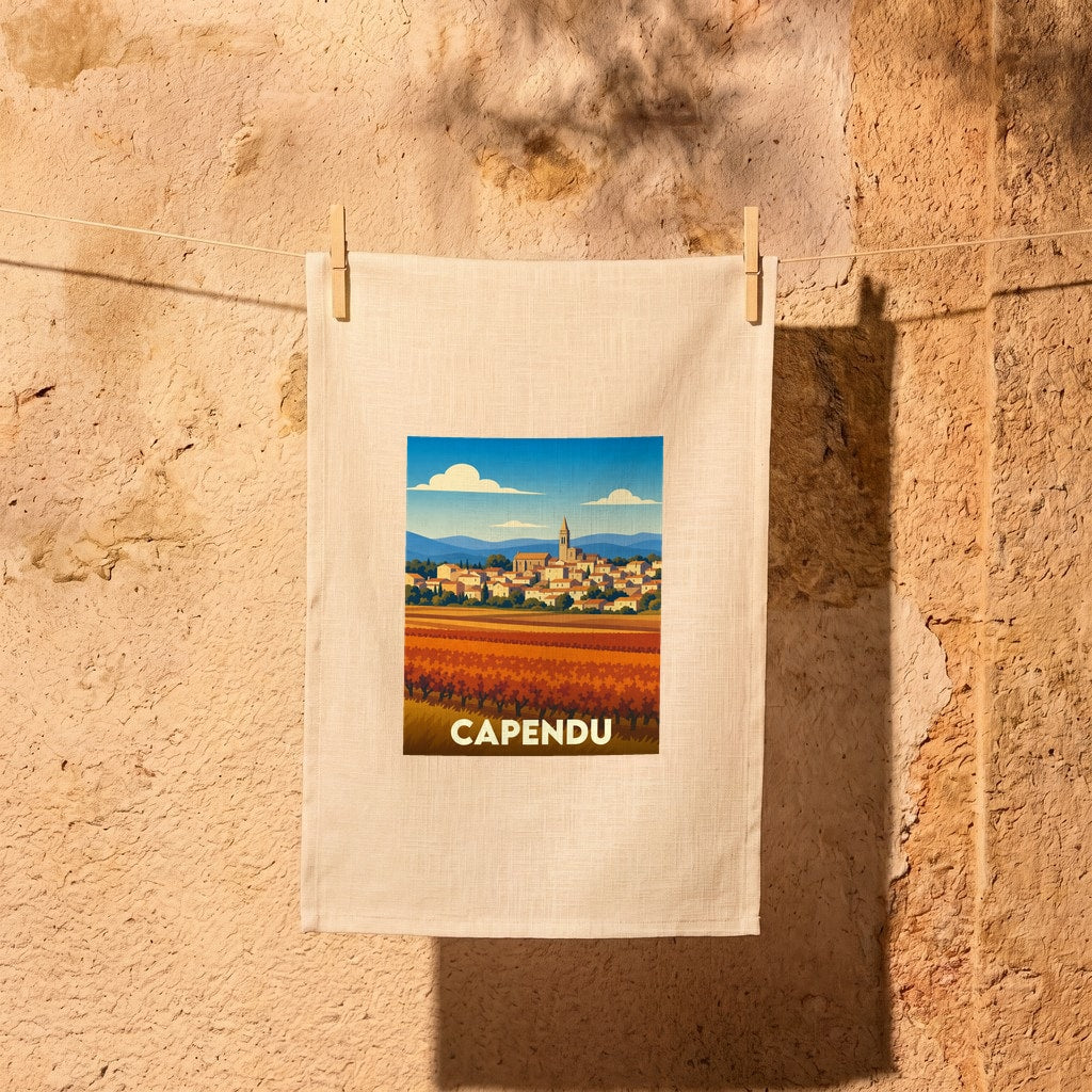 Torchon souvenir de la ville de Capendu avec une illustration stylisée de ses vignobles et de son village.