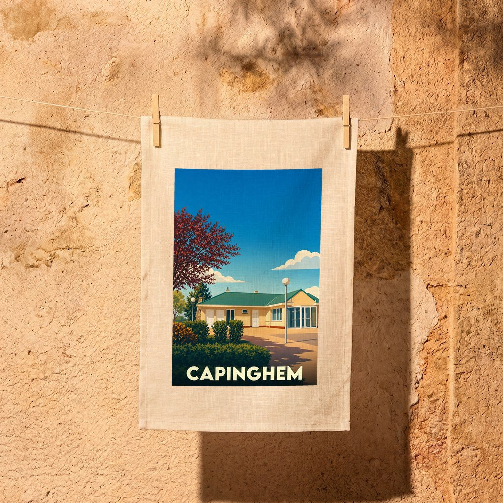 Torchon souvenir de la ville de Capinghem avec une illustration stylisée.