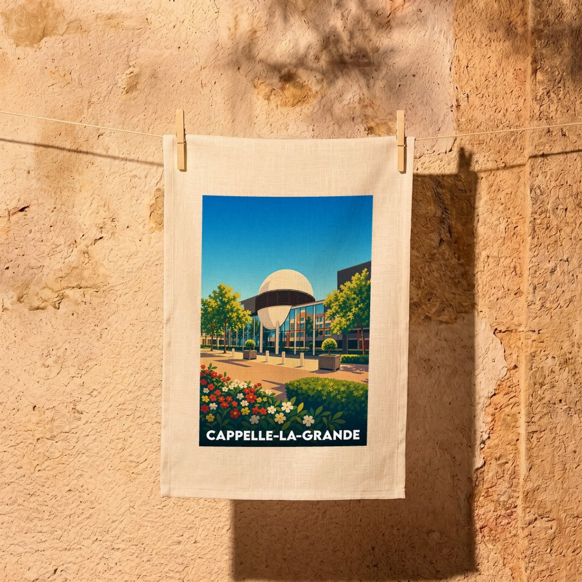 Torchon souvenir de la ville de Cappelle-la-Grande avec une illustration stylisée du PLUS - Palais de l'Univers et des Sciences.