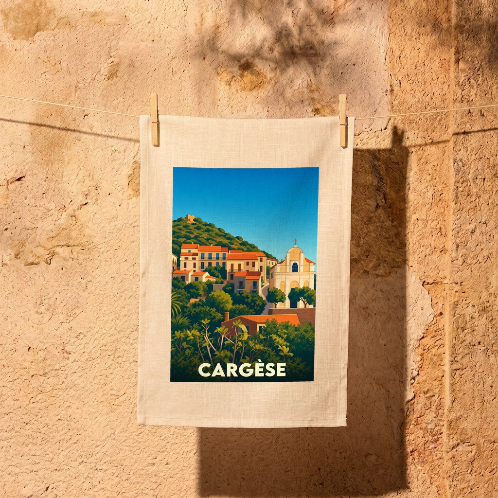 Torchon souvenir de la ville de Cargèse orné d'une illustration stylisée de ses maisons et de son église.