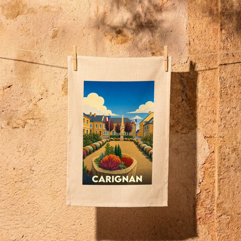 Torchon souvenir de la ville de Carignan avec une illustration stylisée d'une place fleurie.