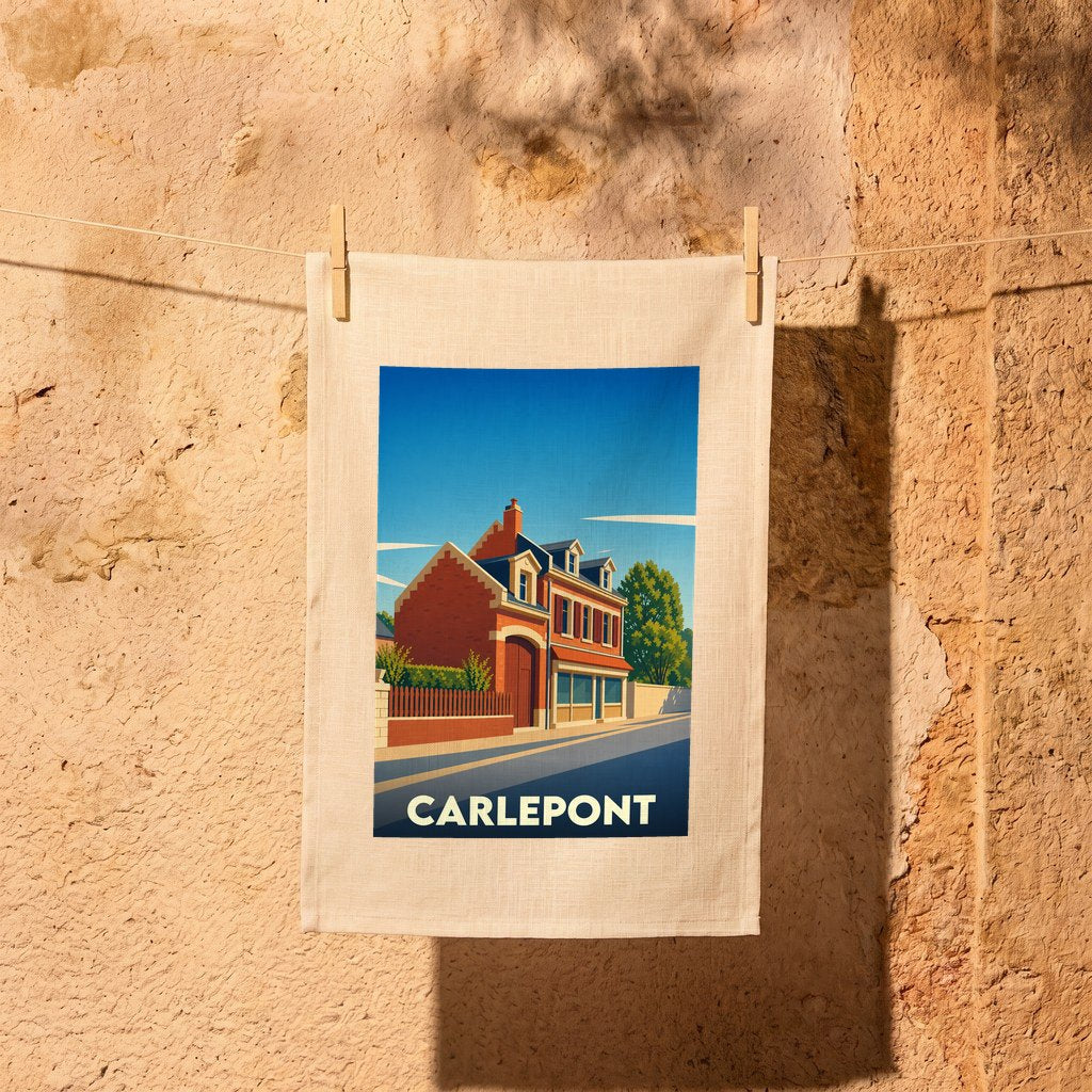 Torchon souvenir de la ville de Carlepont avec une illustration stylisée d'une maison traditionnelle.