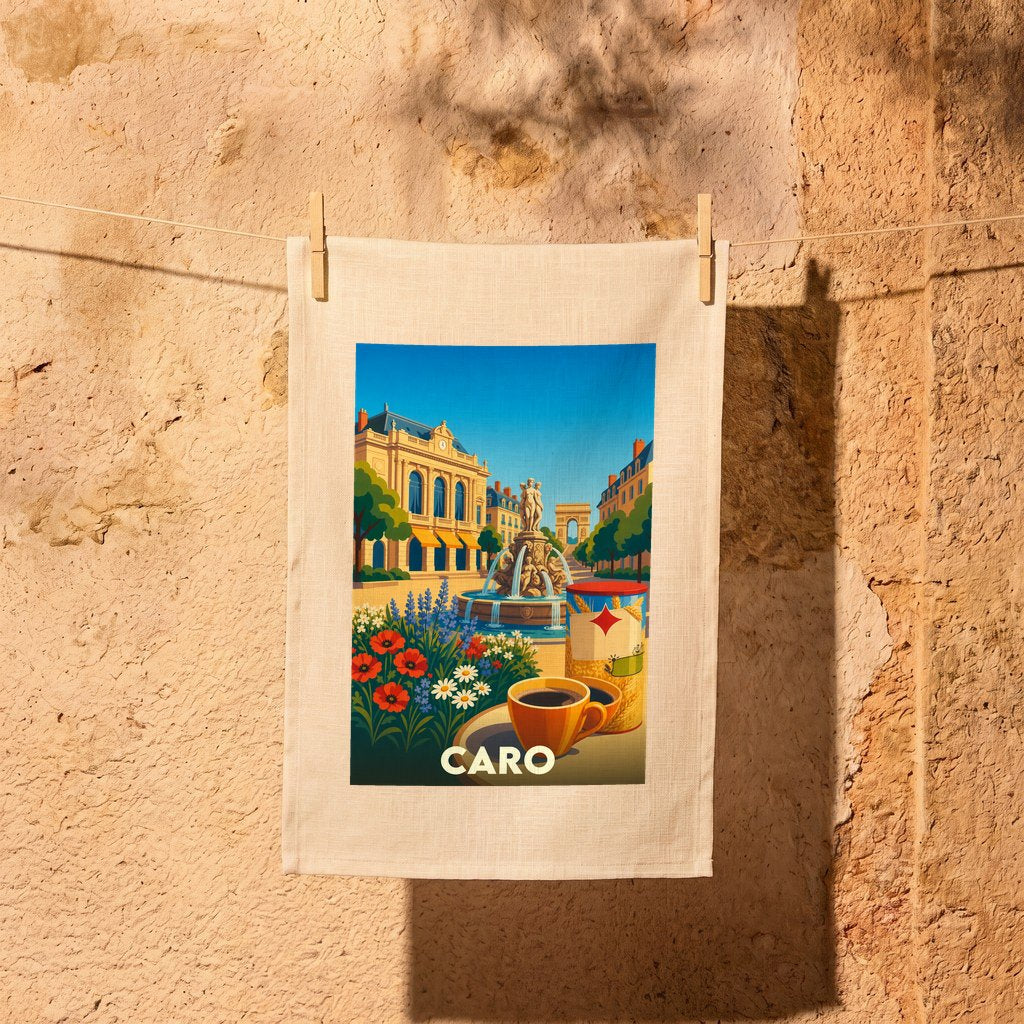 Torchon souvenir de la ville de Caro avec une illustration colorée et stylisée d'une place animée.