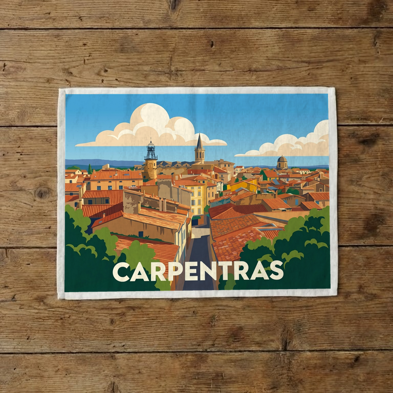 Torchon souvenir de la ville de Carpentras avec une illustration stylisée de ses toits et clochers.