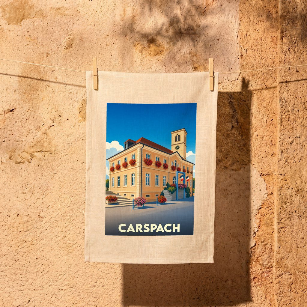 Torchon souvenir de la ville de Carspach avec une illustration stylisée de sa mairie.
