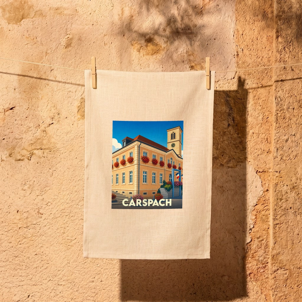Torchon souvenir de la ville de Carspach avec une illustration stylisée de sa mairie.