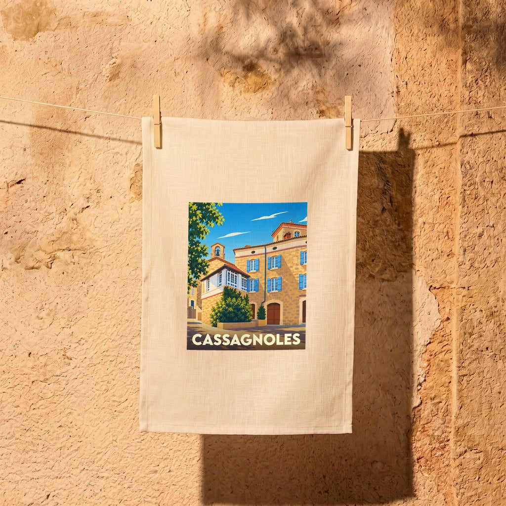 Torchon souvenir de la ville de Cassagnoles avec une illustration stylisée d'un village provençal.