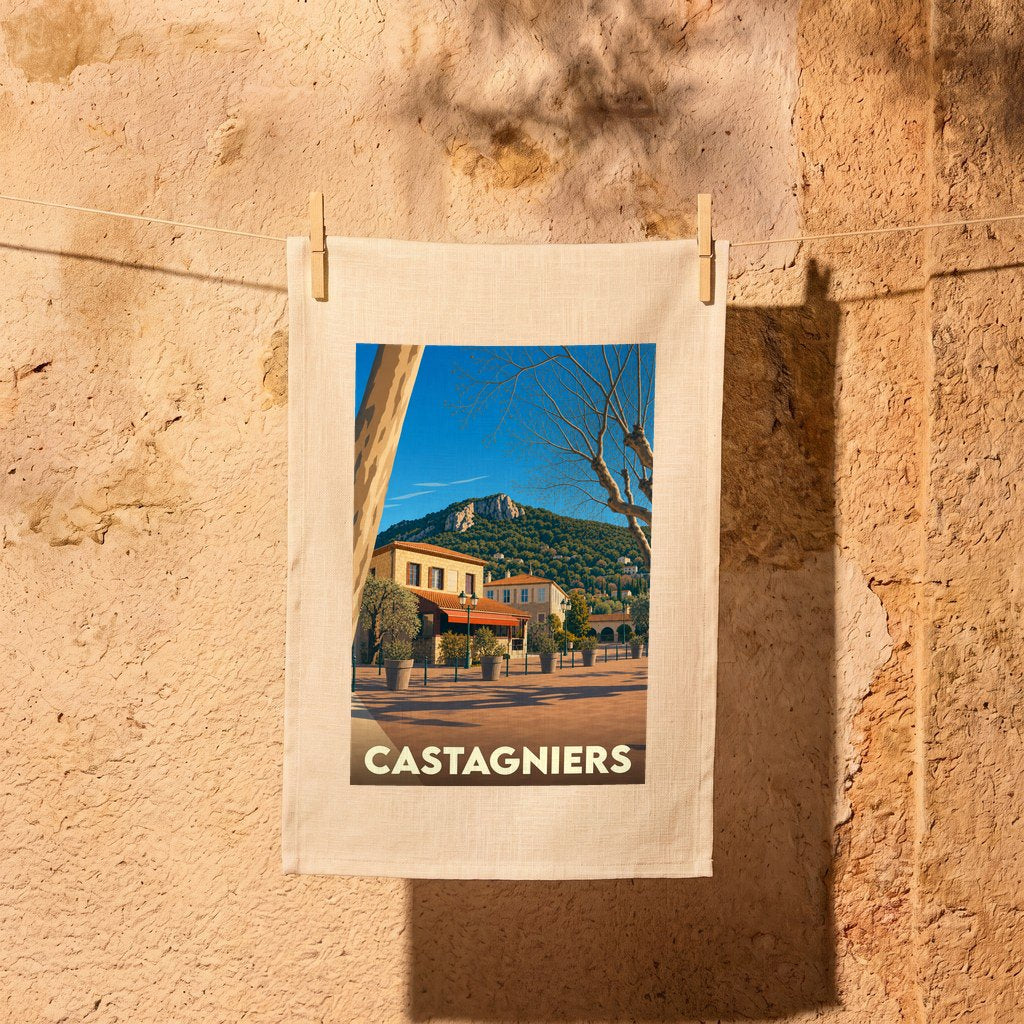 Torchon souvenir de la ville de Castagniers avec une illustration stylisée.
