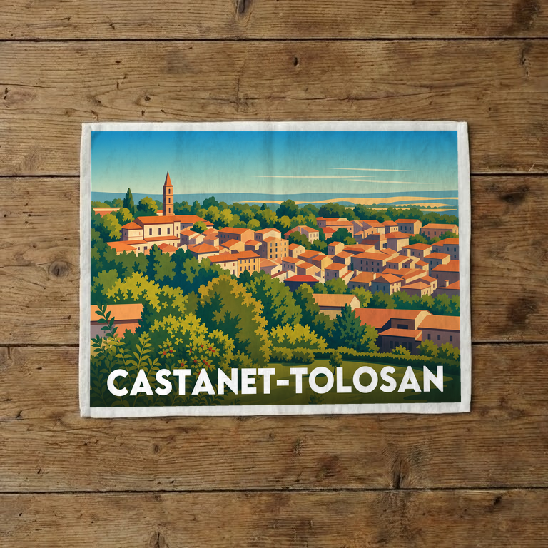 Torchon souvenir de la ville de Castanet-Tolosan avec une illustration stylisée.