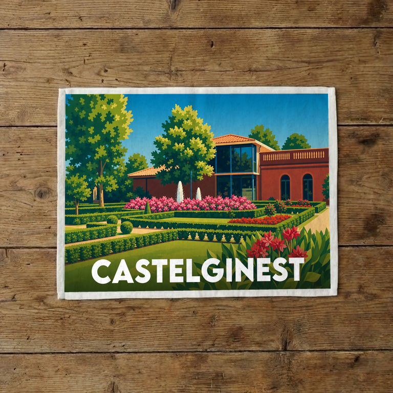 Torchon souvenir de la ville de Castelginest avec une illustration stylisée de ses jardins et de son architecture.