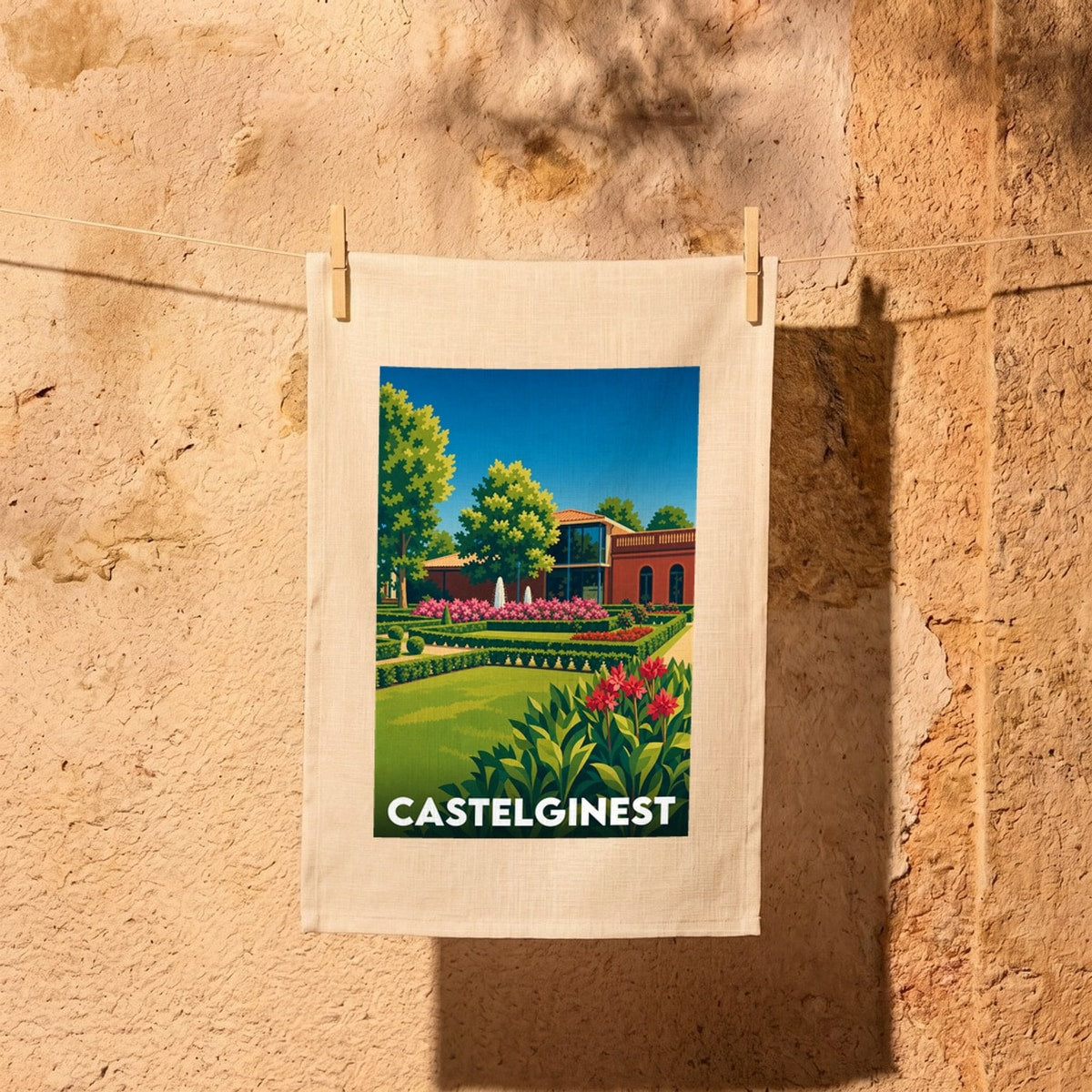 Torchon souvenir de la ville de Castelginest avec une illustration stylisée de ses jardins et de son architecture.