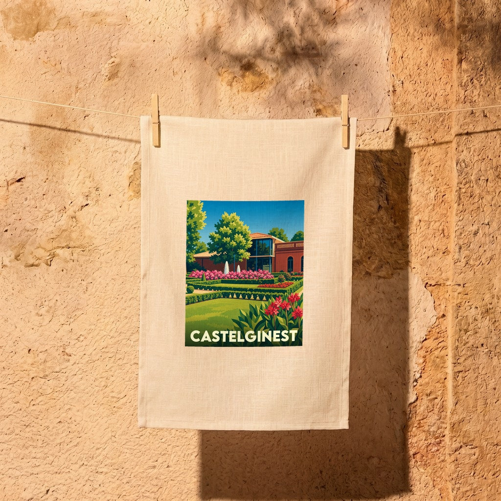 Torchon souvenir de la ville de Castelginest avec une illustration stylisée de ses jardins et de son architecture.