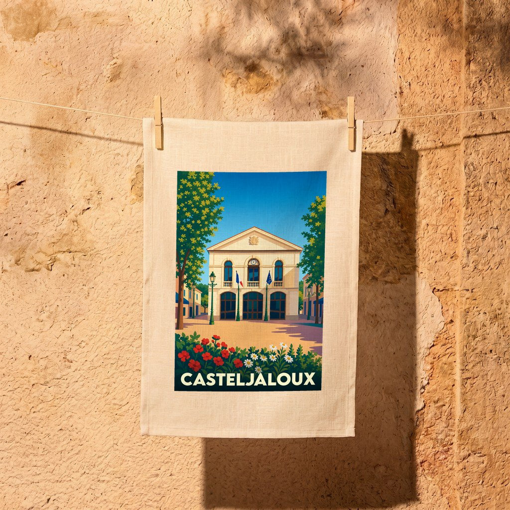 Torchon souvenir de la ville de Casteljaloux avec une illustration stylisée de sa mairie.