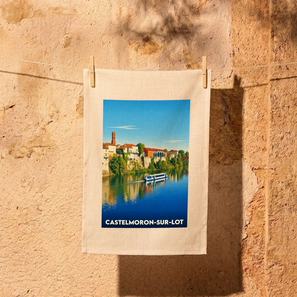 Torchon souvenir de la ville de Castelmoron-sur-Lot avec une illustration stylisée des bords du Lot.